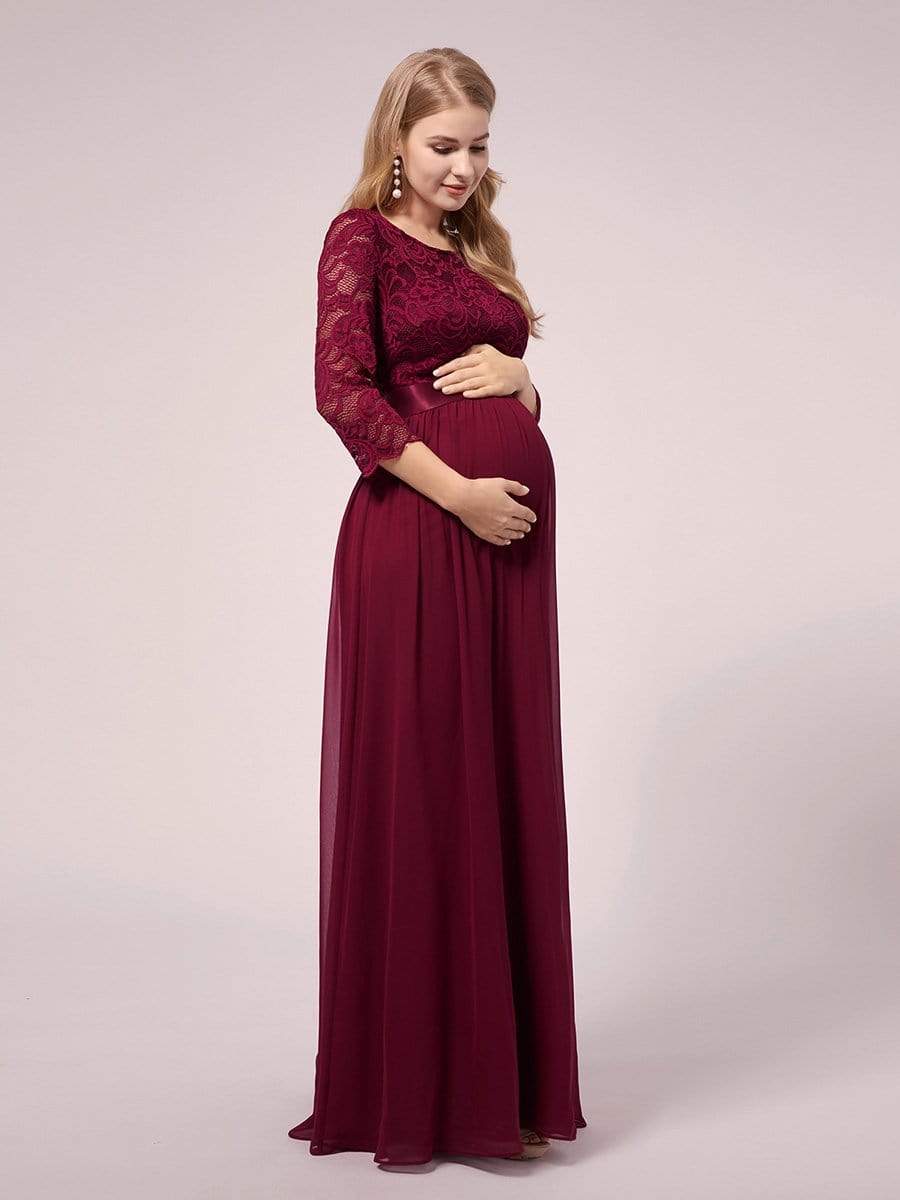 Color=Burgundy | See-Through Floor Length Lace Dress With Half Sleeve-Burgundy 1