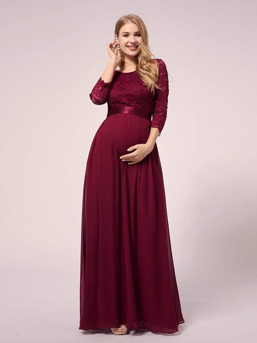Color=Burgundy | See-Through Floor Length Lace Dress With Half Sleeve-Burgundy 6