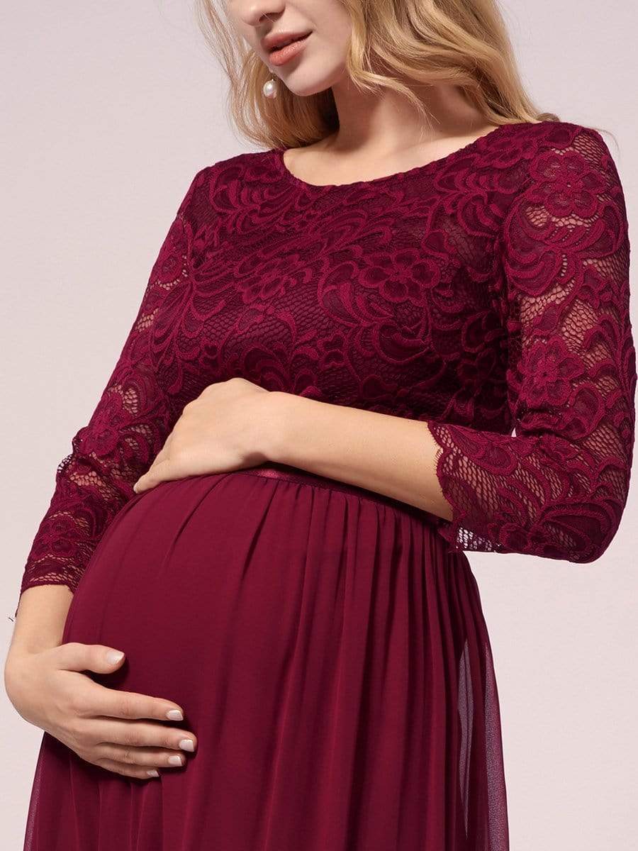 Color=Burgundy | See-Through Floor Length Lace Dress With Half Sleeve-Burgundy 7