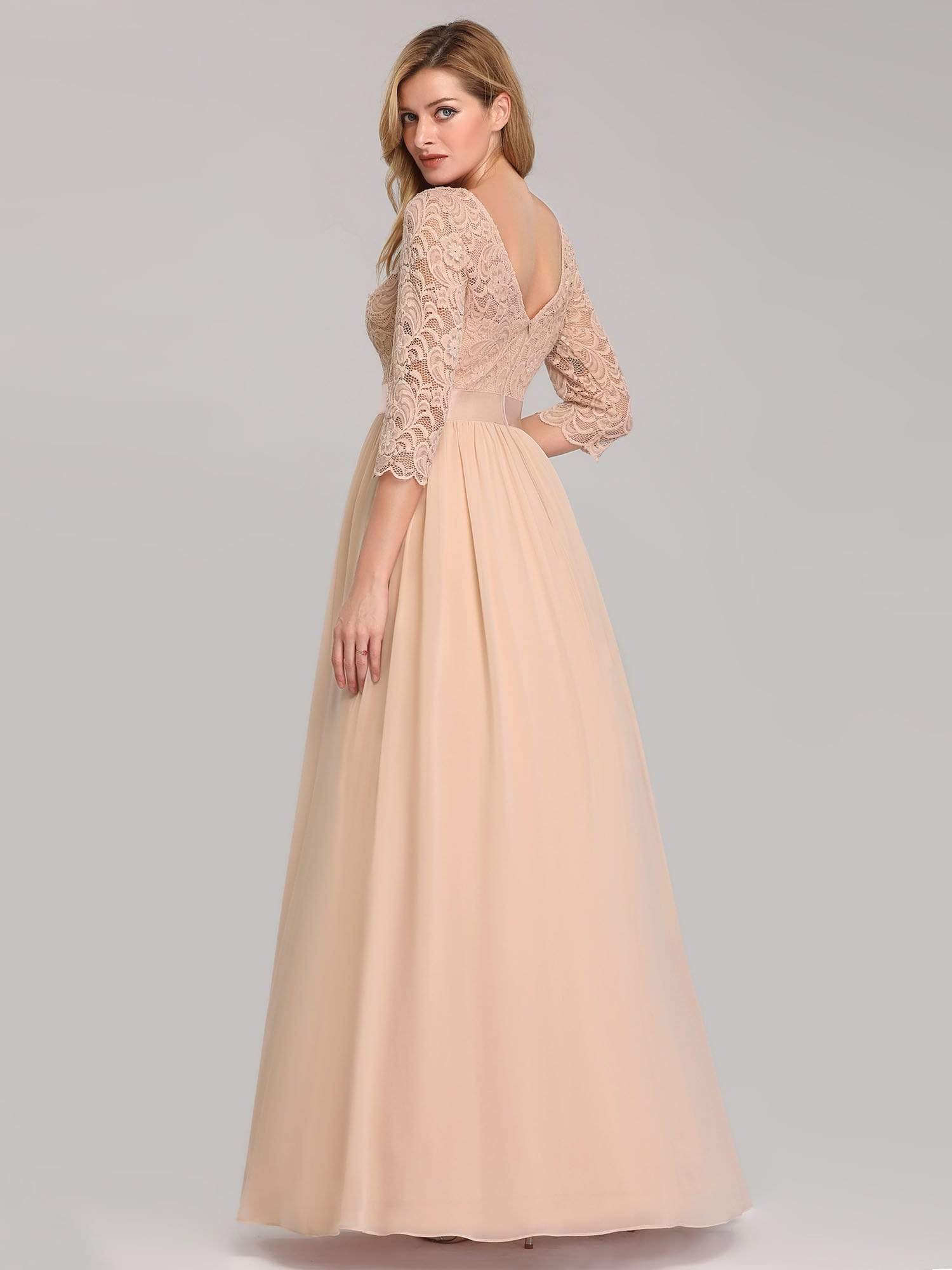 COLOR=Blush | See-Through Floor Length Lace Evening Dress With Half Sleeve-Blush 4