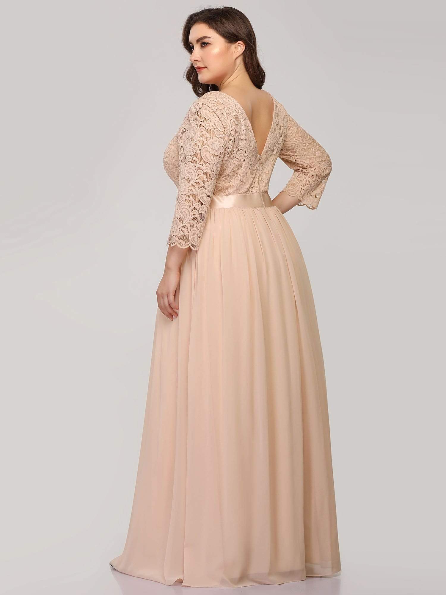 COLOR=Blush | See-Through Floor Length Lace Evening Dress With Half Sleeve-Blush 7