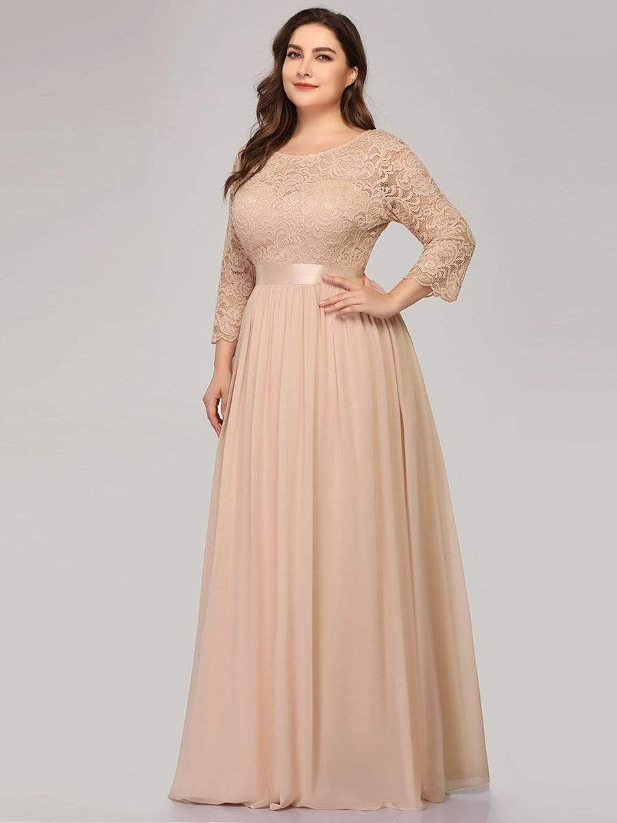 Color=Blush | Plus Size See-Through Floor Length Lace Evening Dress With Half Sleeve-Blush 3
