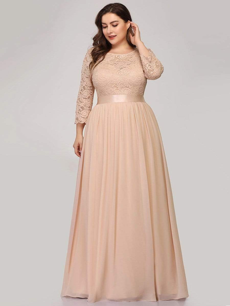 Color=Blush | Plus Size See-Through Floor Length Lace Evening Dress With Half Sleeve-Blush 4