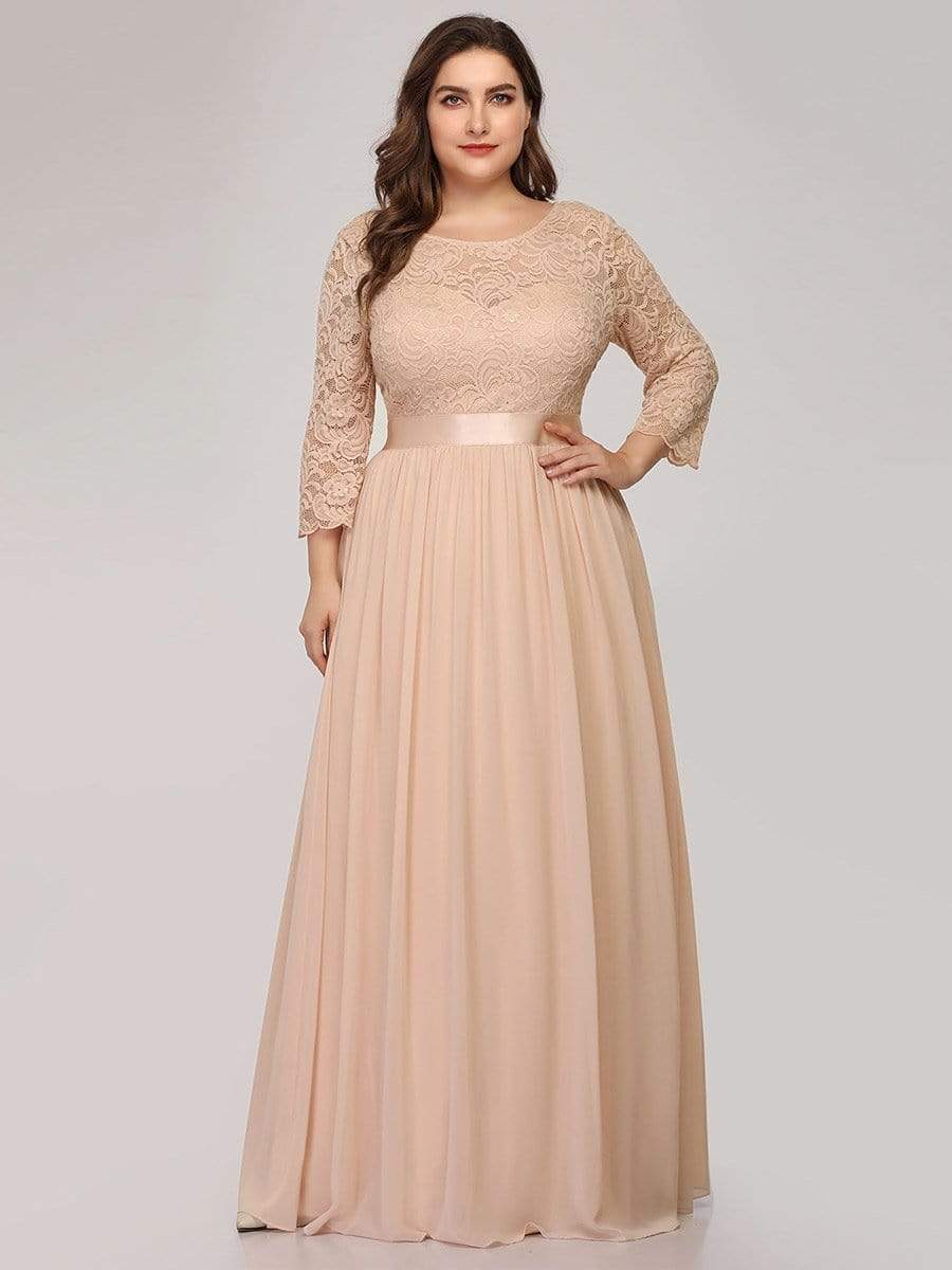 Color=Blush | Plus Size See-Through Floor Length Lace Evening Dress With Half Sleeve-Blush 1