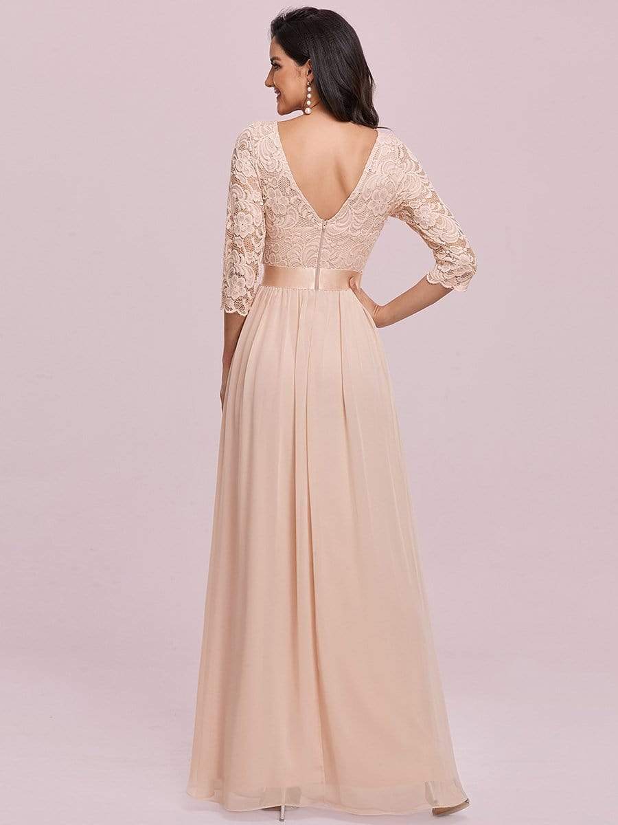 COLOR=Blush | See-Through Floor Length Lace Evening Dress With Half Sleeve-Blush 2