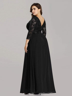 Color=Black | Plus Size See-Through Floor Length Lace Evening Dress With Half Sleeve-Black 2