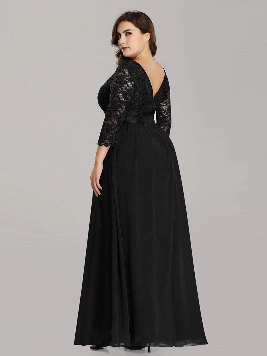 COLOR=Black | See-Through Floor Length Lace Evening Dress With Half Sleeve-Black 11