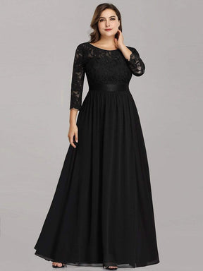 Color=Black | Plus Size See-Through Floor Length Lace Evening Dress With Half Sleeve-Black 3