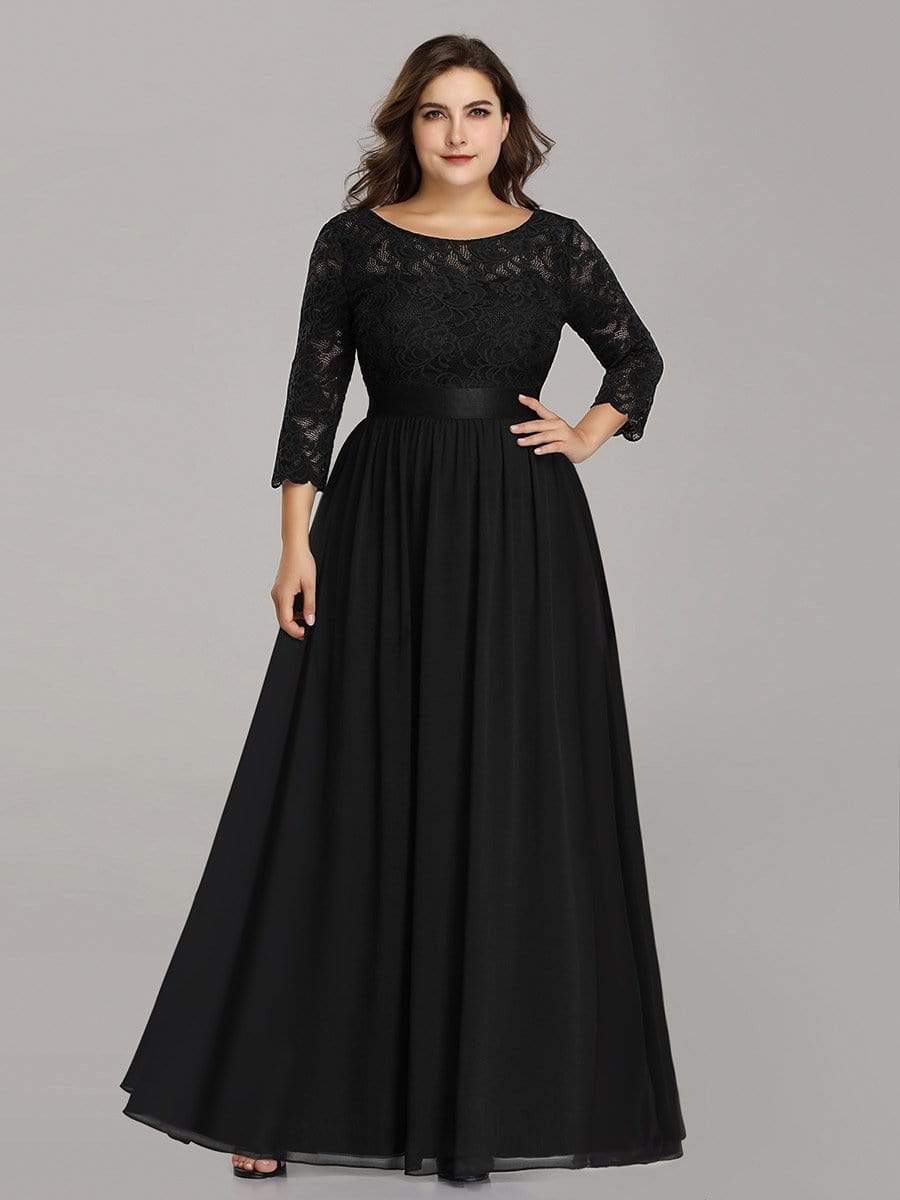 Color=Black | Plus Size See-Through Floor Length Lace Evening Dress With Half Sleeve-Black 4