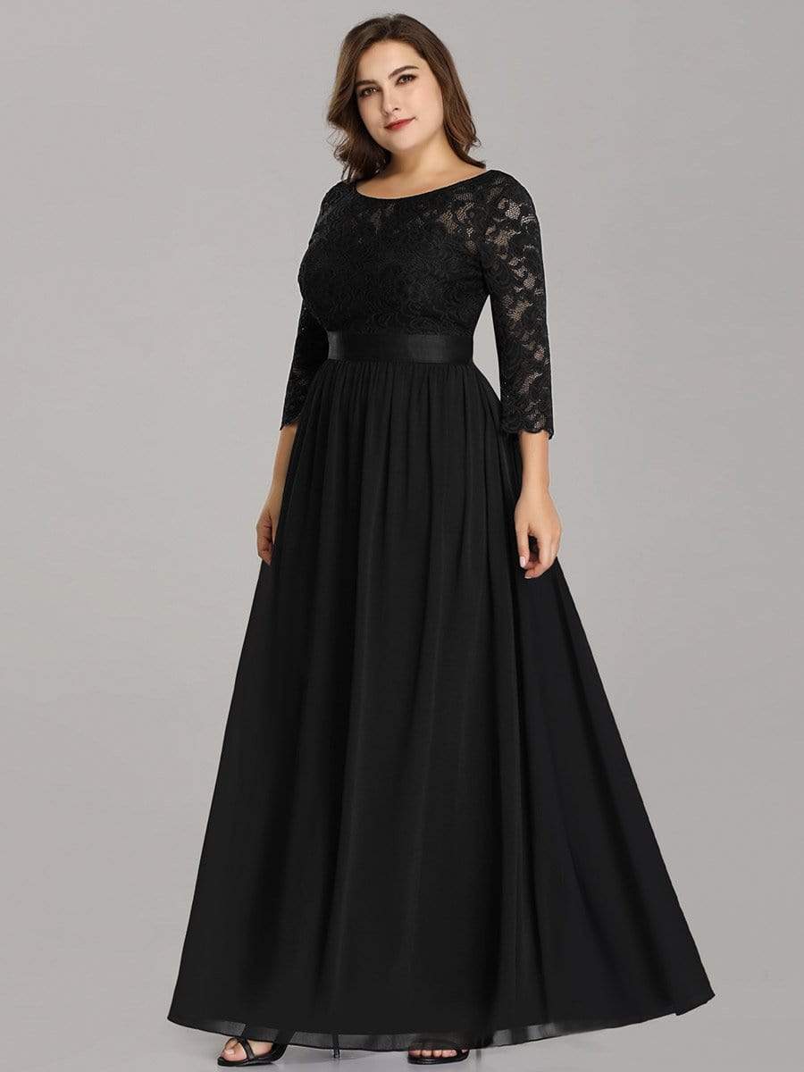 Color=Black | Plus Size See-Through Floor Length Lace Evening Dress With Half Sleeve-Black 1