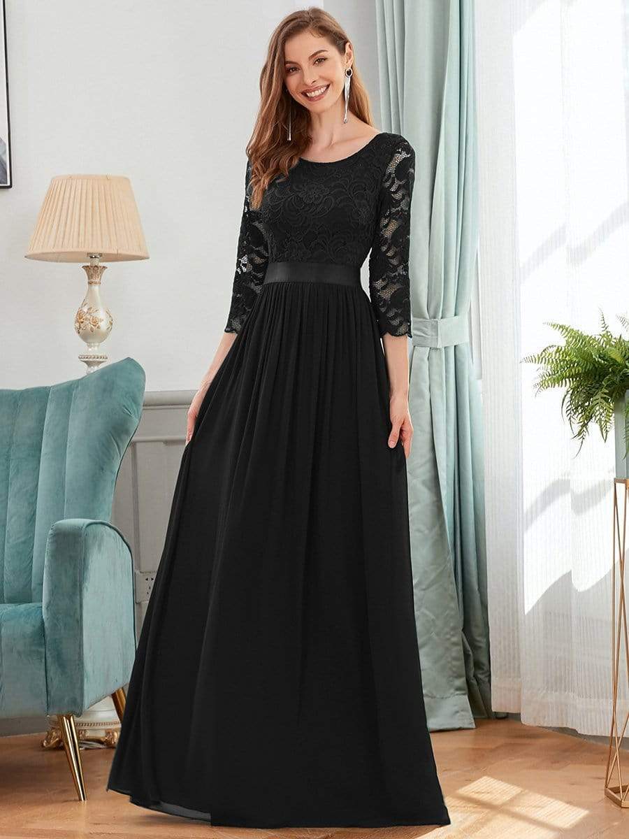 COLOR=Black | See-Through Floor Length Lace Evening Dress With Half Sleeve-Black 1