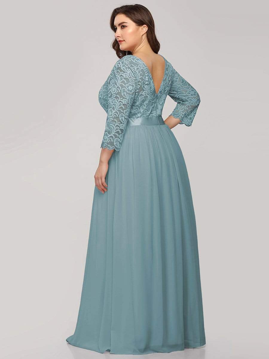 COLOR=Dusty Blue | Plus Size See-Through Floor Length Lace Evening Dress With Half Sleeve-Dusty Blue 2