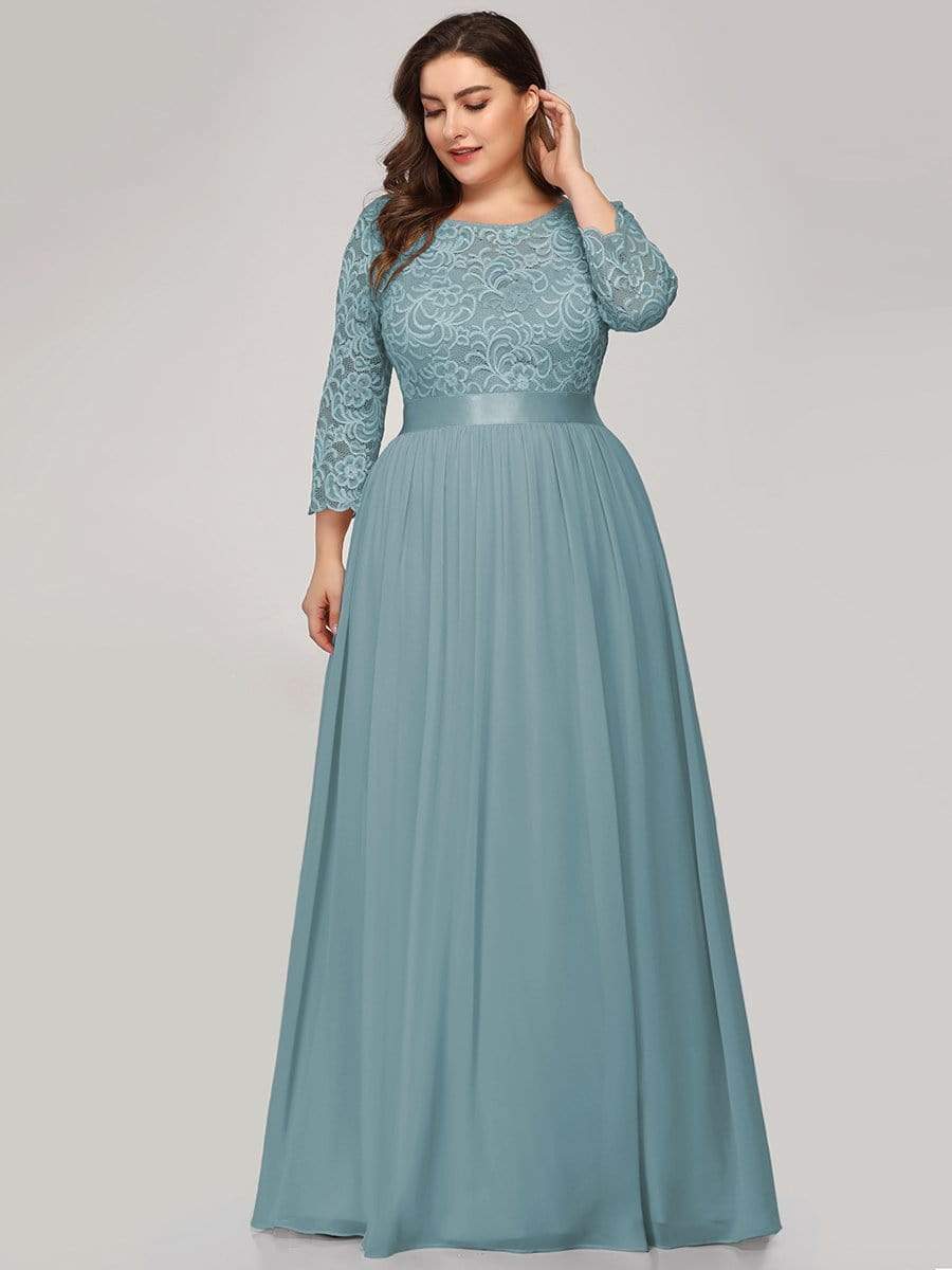 COLOR=Dusty Blue | See-Through Floor Length Lace Evening Dress With Half Sleeve-Dusty Blue 6