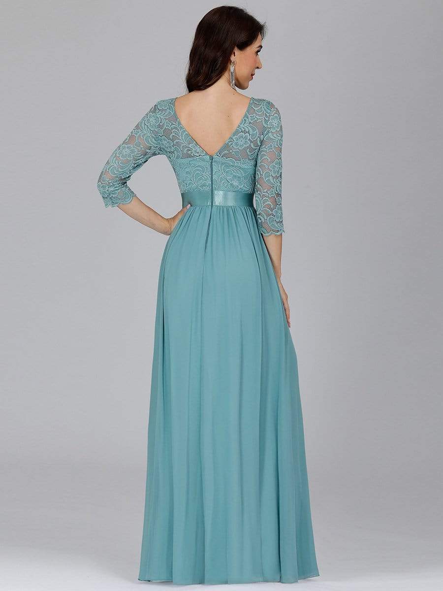 COLOR=Dusty Blue | See-Through Floor Length Lace Evening Dress With Half Sleeve-Dusty Blue 4