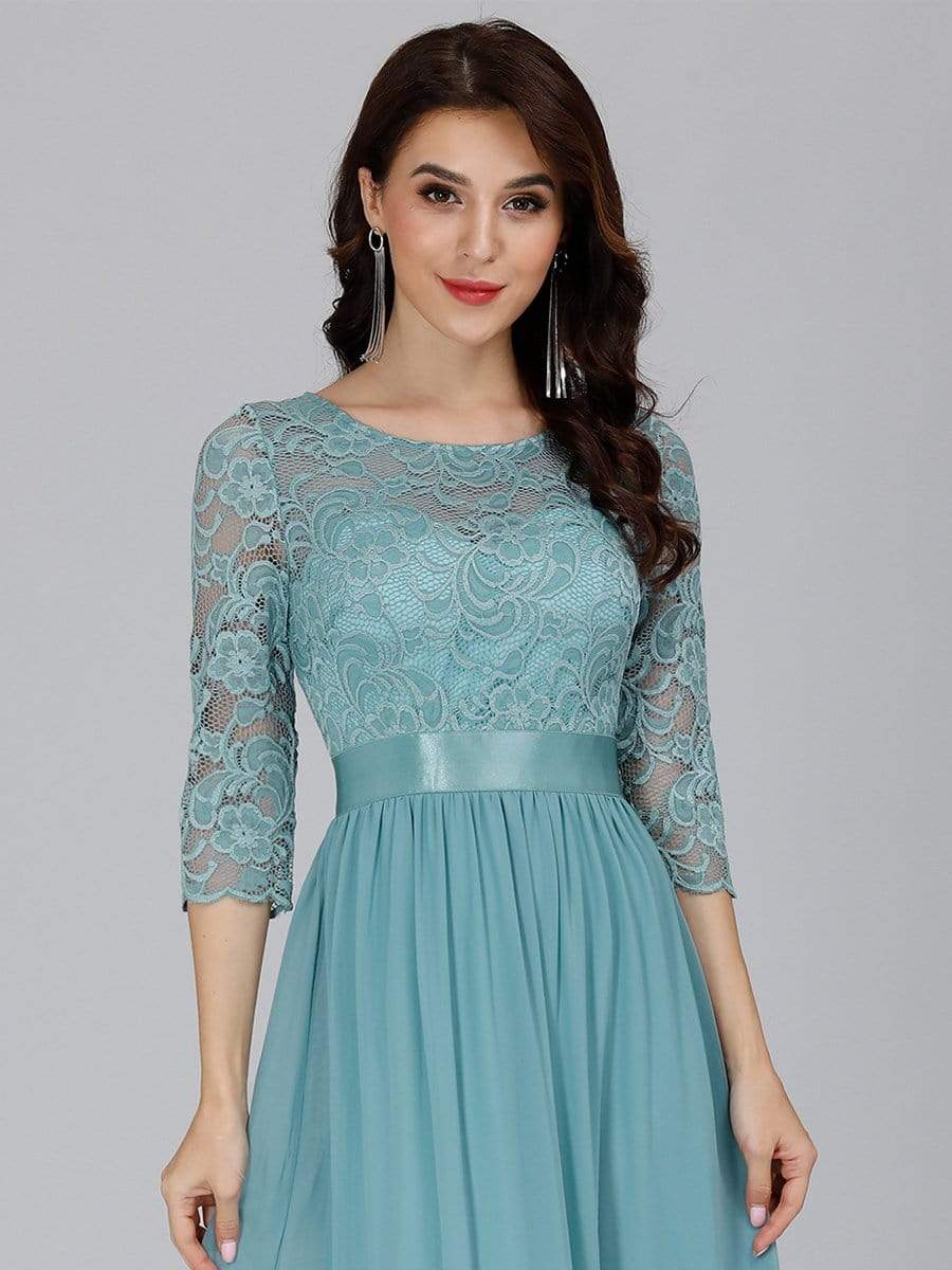 COLOR=Dusty Blue | See-Through Floor Length Lace Evening Dress With Half Sleeve-Dusty Blue 5