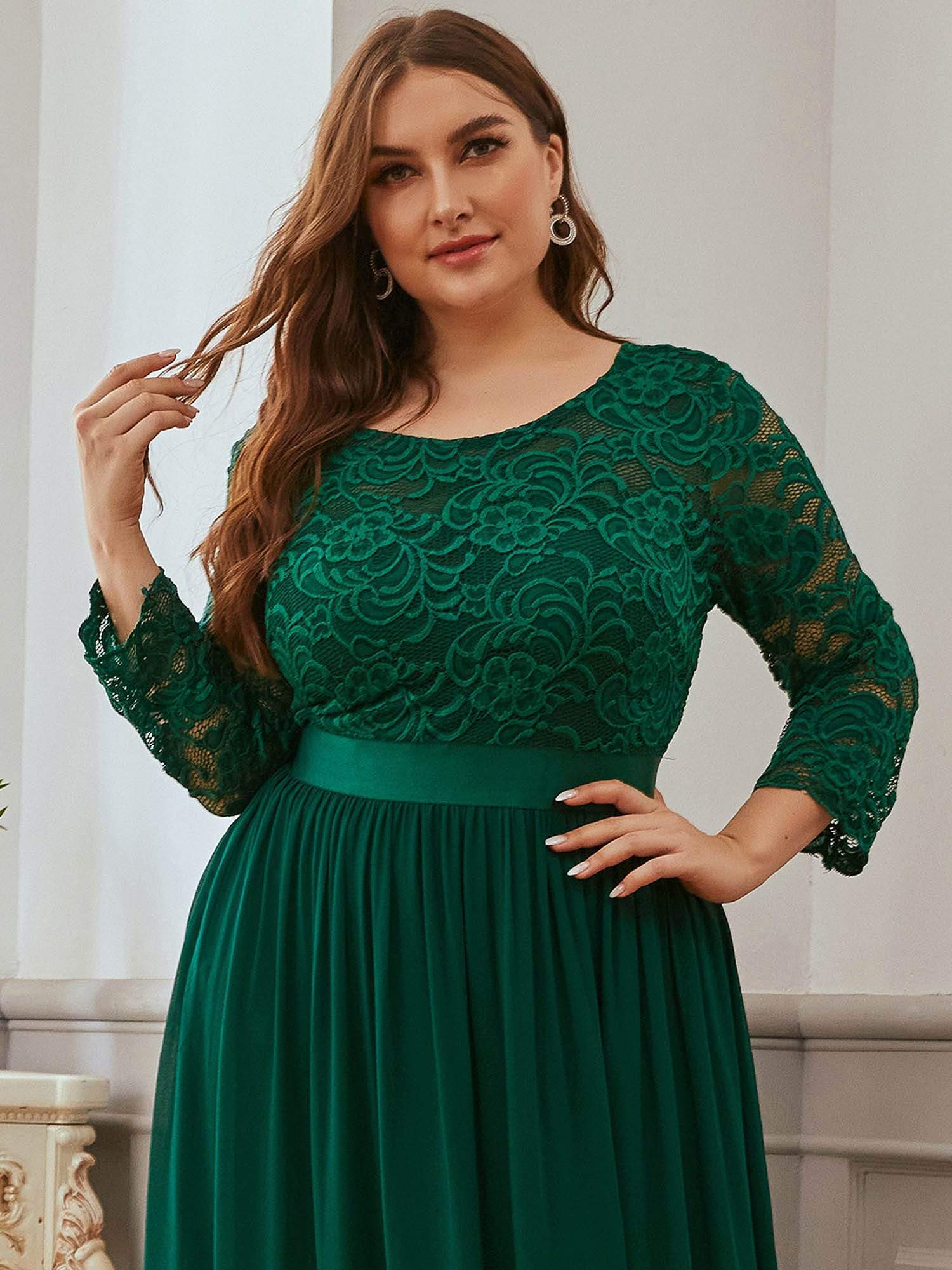 Color=Dark Green | Plus Size See-Through Floor Length Lace Evening Dress With Half Sleeve-Dark Green 5