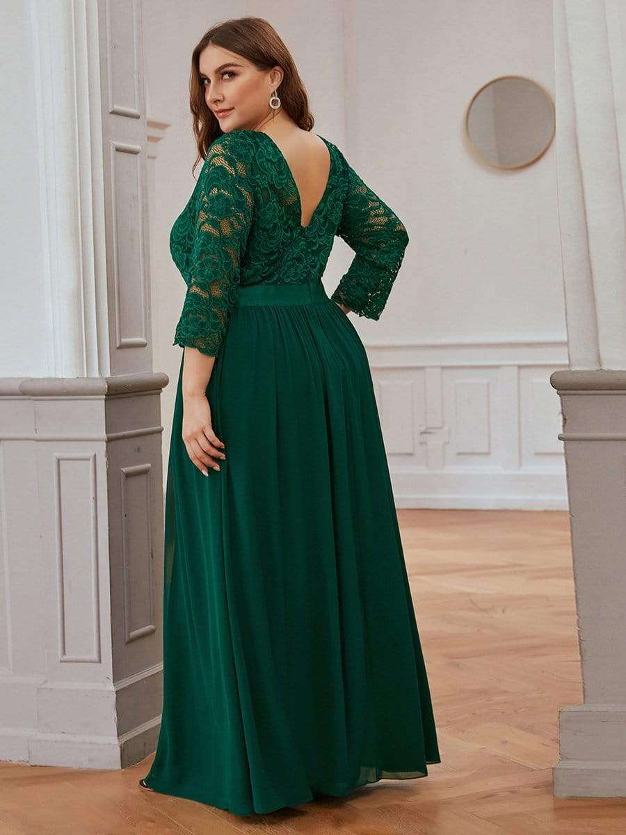 Color=Dark Green | Plus Size See-Through Floor Length Lace Evening Dress With Half Sleeve-Dark Green 2
