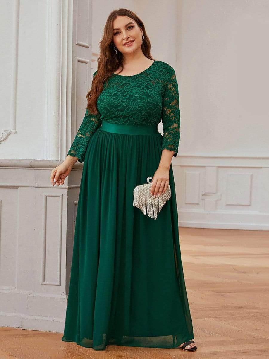 COLOR=Dark Green | See-Through Floor Length Lace Evening Dress With Half Sleeve-Dark Green 8