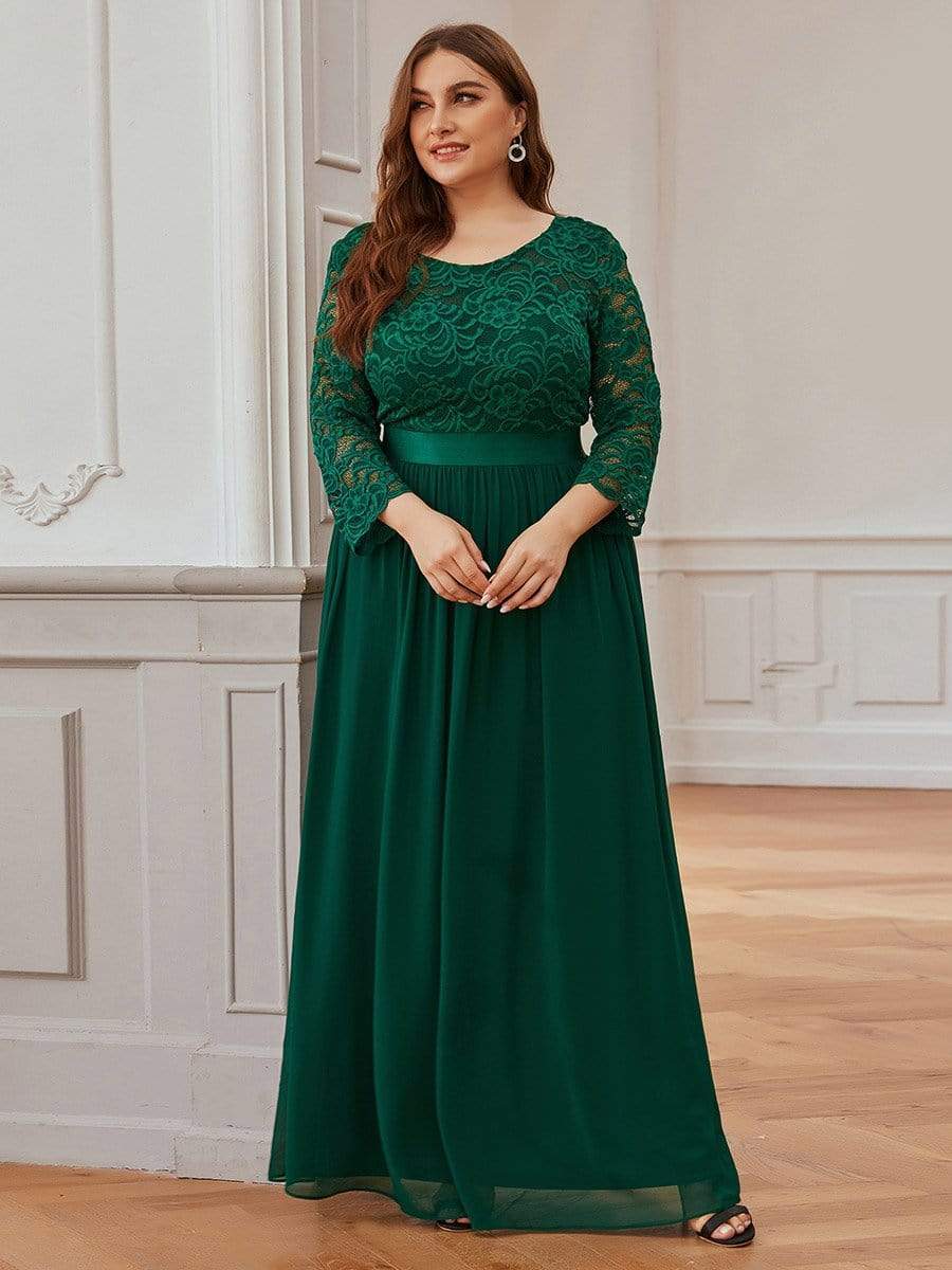 Color=Dark Green | Plus Size See-Through Floor Length Lace Evening Dress With Half Sleeve-Dark Green 4