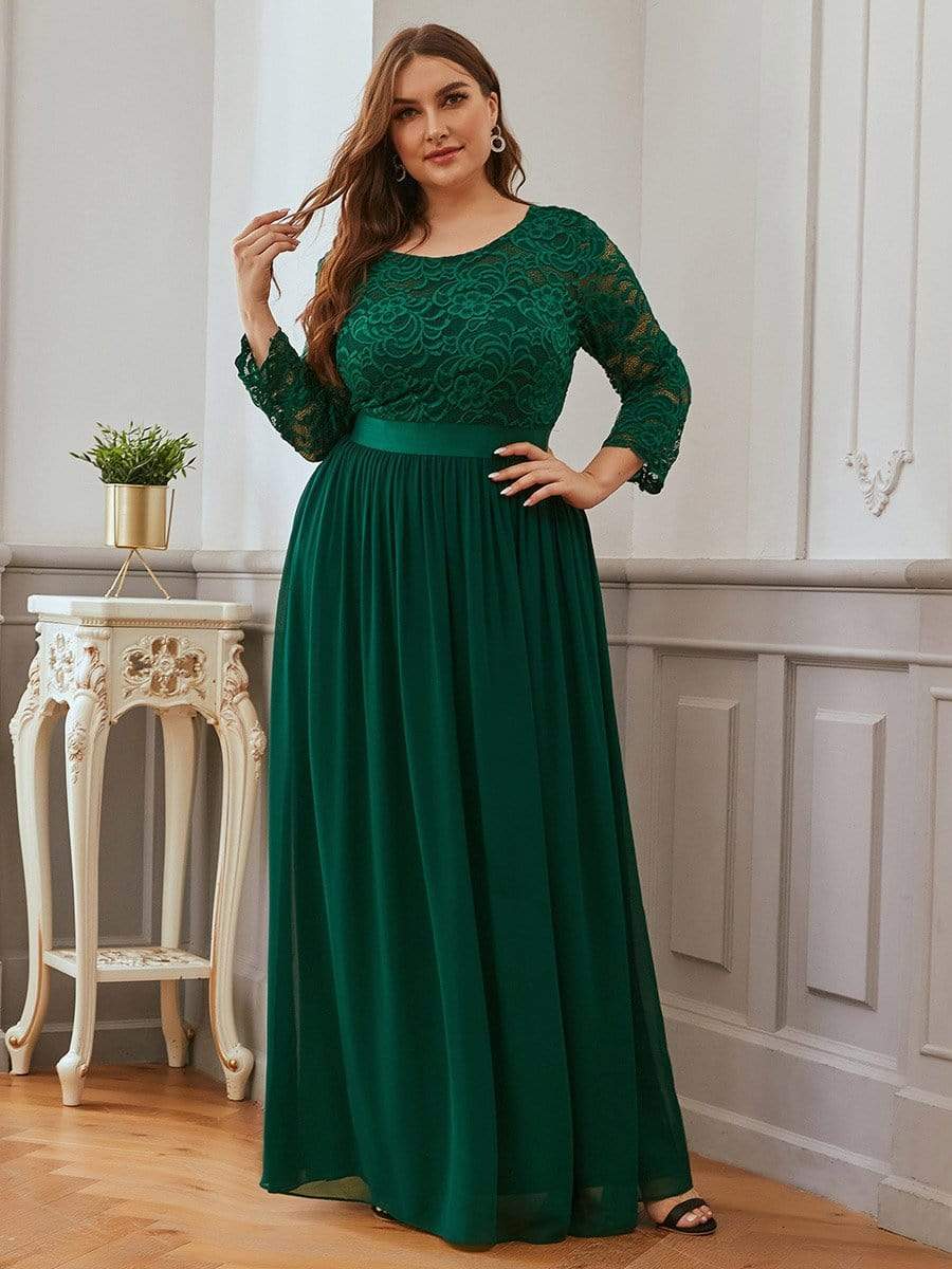 Color=Dark Green | Plus Size See-Through Floor Length Lace Evening Dress With Half Sleeve-Dark Green 1