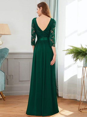 COLOR=Dark Green | See-Through Floor Length Lace Evening Dress With Half Sleeve-Dark Green 2