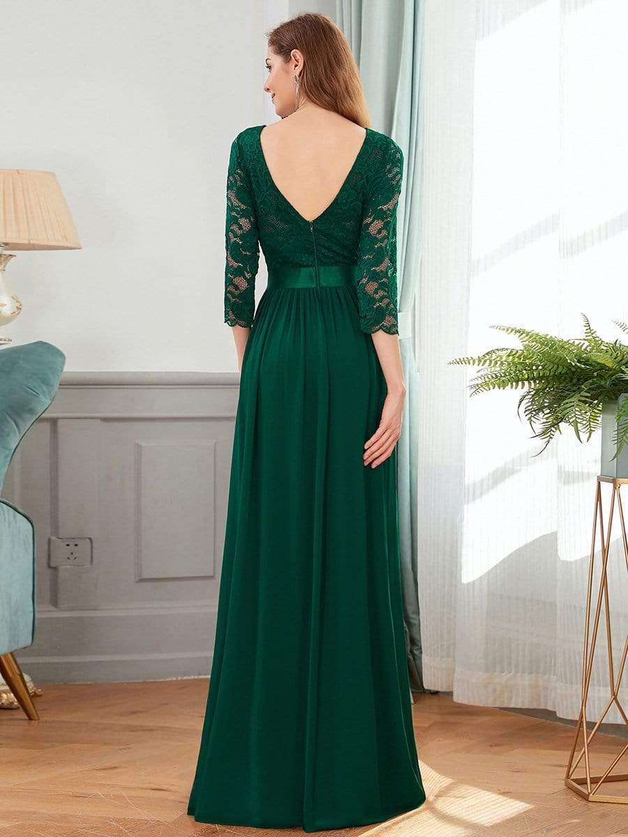 COLOR=Dark Green | See-Through Floor Length Lace Evening Dress With Half Sleeve-Dark Green 2