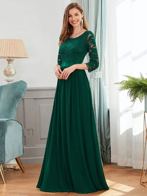 COLOR=Dark Green | See-Through Floor Length Lace Evening Dress With Half Sleeve-Dark Green 3
