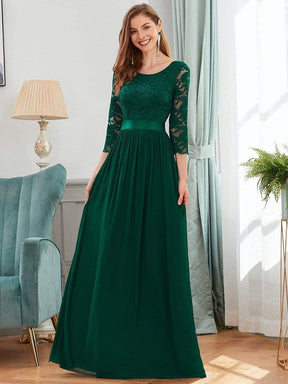 COLOR=Dark Green | See-Through Floor Length Lace Evening Dress With Half Sleeve-Dark Green 4
