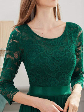 COLOR=Dark Green | See-Through Floor Length Lace Evening Dress With Half Sleeve-Dark Green 5