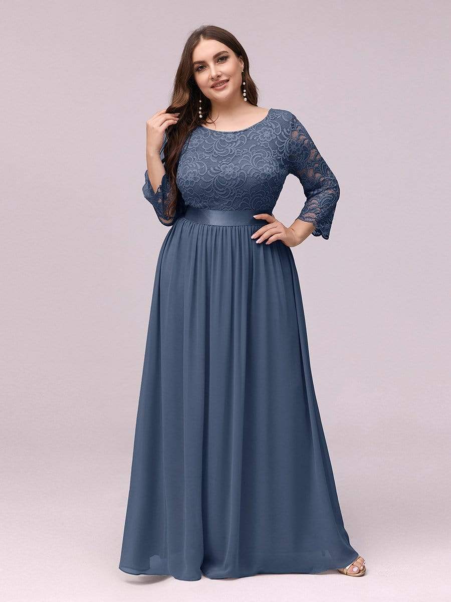 COLOR=Dusty Navy | See-Through Floor Length Lace Evening Dress With Half Sleeve-Dusty Navy 3