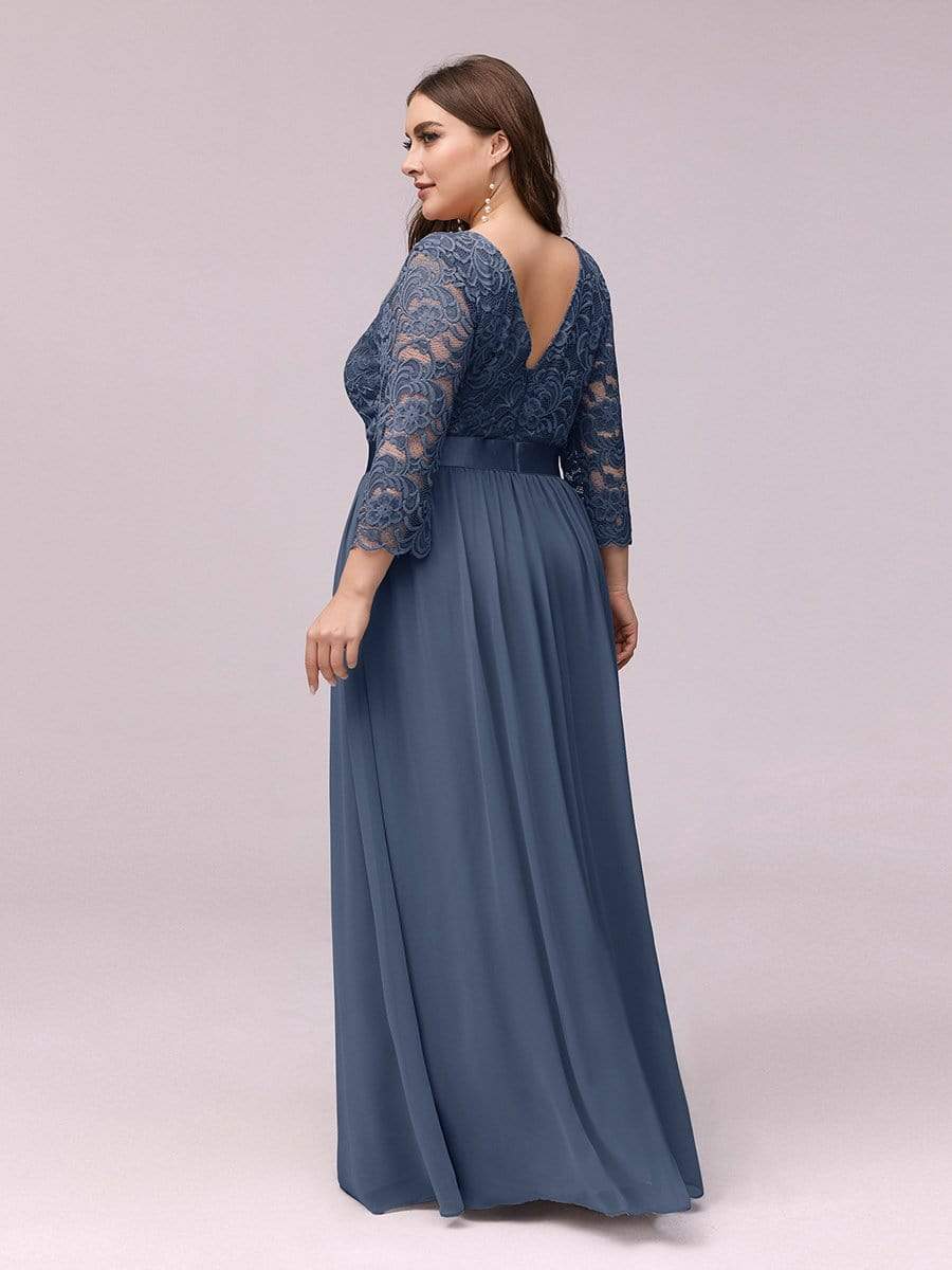 COLOR=Dusty Navy | See-Through Floor Length Lace Evening Dress With Half Sleeve-Dusty Navy 4