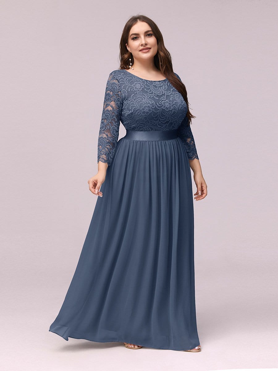 COLOR=Dusty Navy | See-Through Floor Length Lace Evening Dress With Half Sleeve-Dusty Navy 4