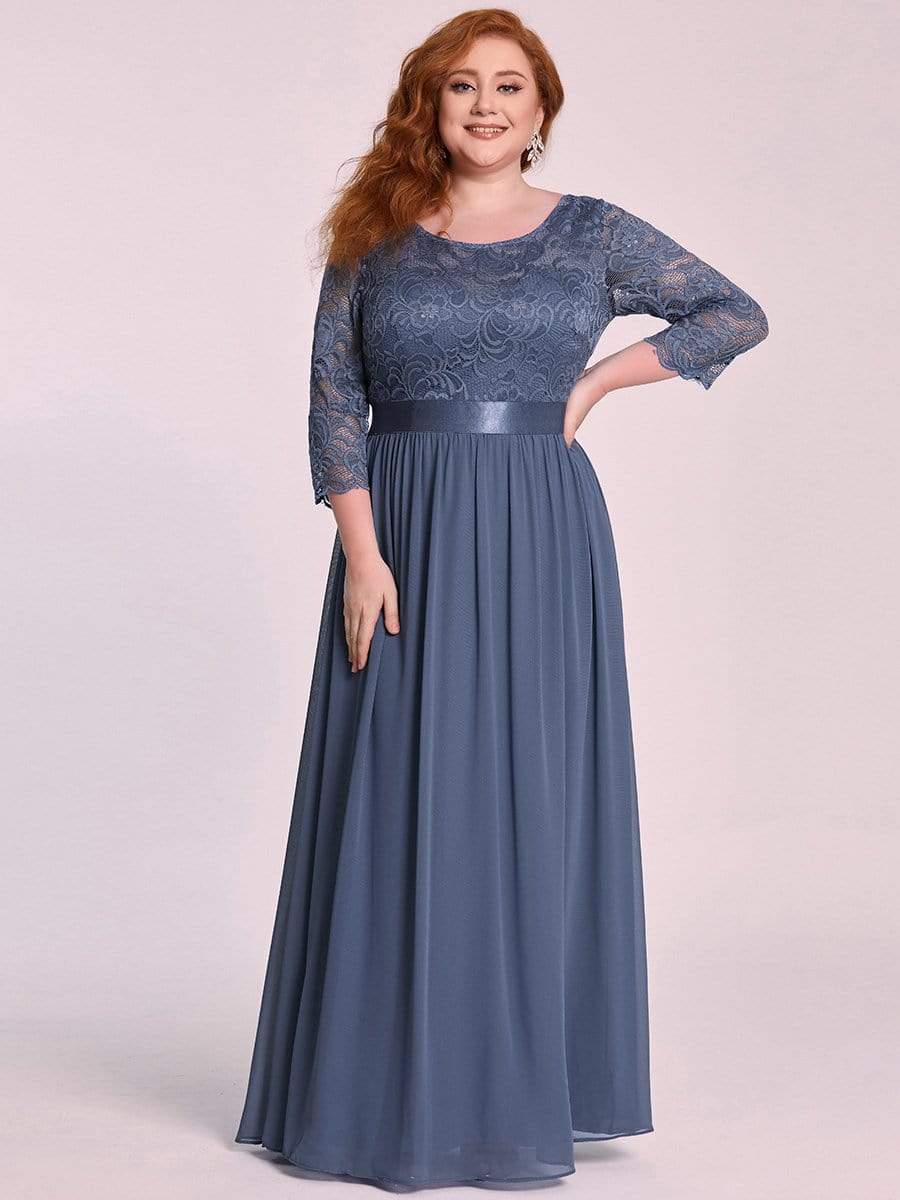 COLOR=Dusty Navy | See-Through Floor Length Lace Evening Dress With Half Sleeve-Dusty Navy 1