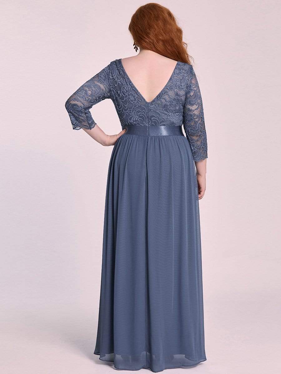 COLOR=Dusty Navy | See-Through Floor Length Lace Evening Dress With Half Sleeve-Dusty Navy 2