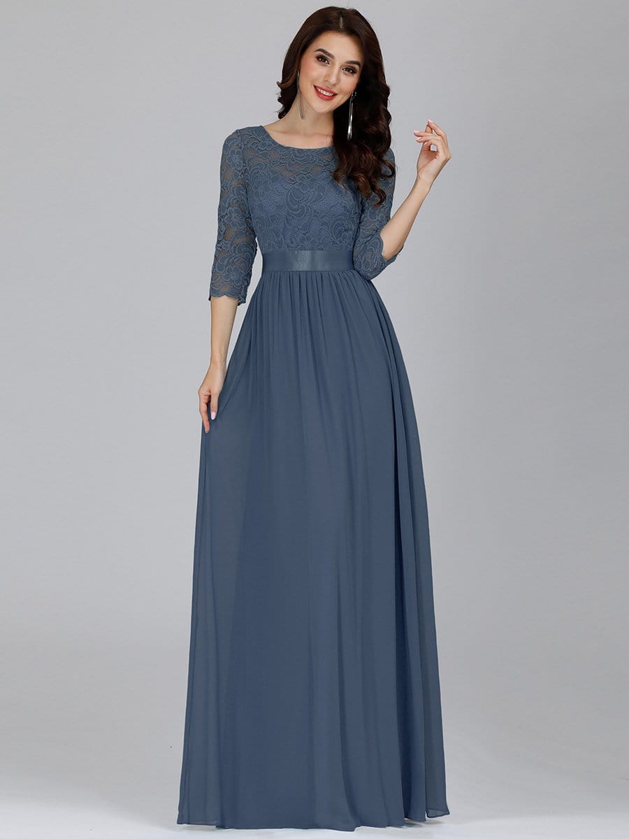 COLOR=Dusty Navy | See-Through Floor Length Lace Evening Dress With Half Sleeve-Dusty Navy 1