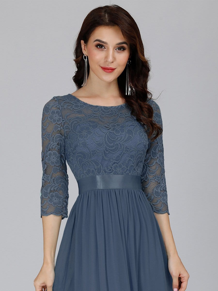 COLOR=Dusty Navy | See-Through Floor Length Lace Evening Dress With Half Sleeve-Dusty Navy 3