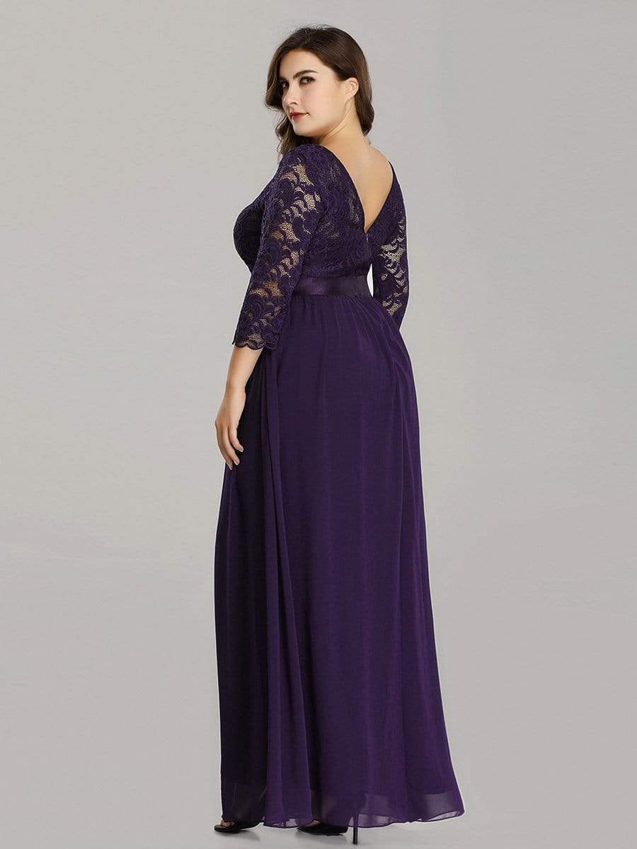 COLOR=Dark Purple | See-Through Floor Length Lace Evening Dress With Half Sleeve-Dark Purple 2