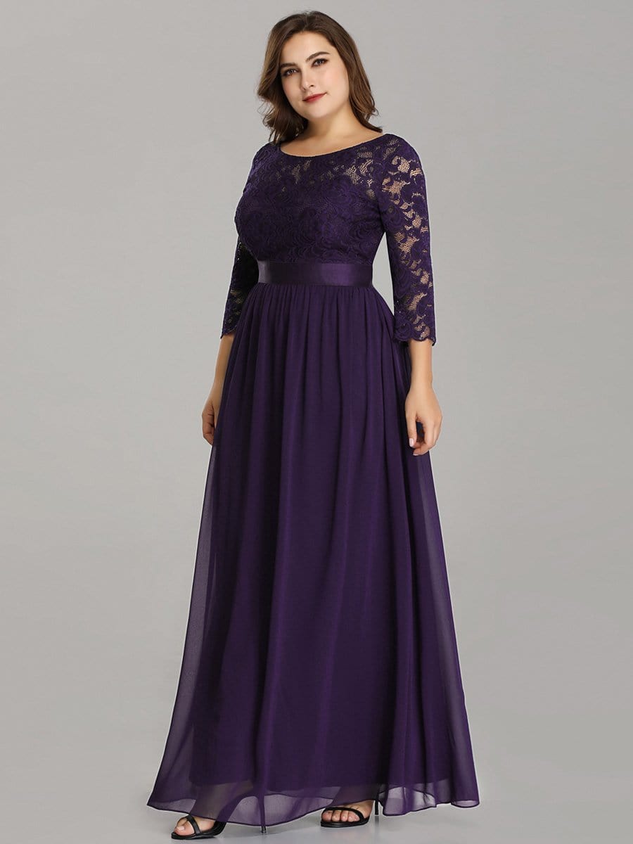 COLOR=Dark Purple | See-Through Floor Length Lace Evening Dress With Half Sleeve-Dark Purple 5