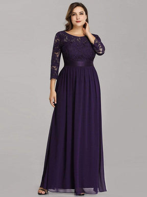 COLOR=Dark Purple | See-Through Floor Length Lace Evening Dress With Half Sleeve-Dark Purple 1