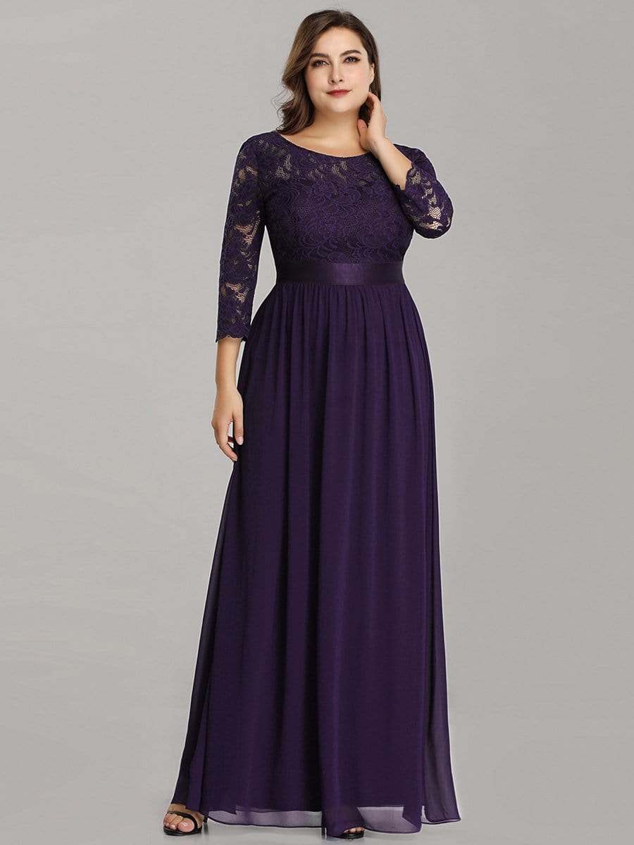 COLOR=Dark Purple | See-Through Floor Length Lace Evening Dress With Half Sleeve-Dark Purple 4