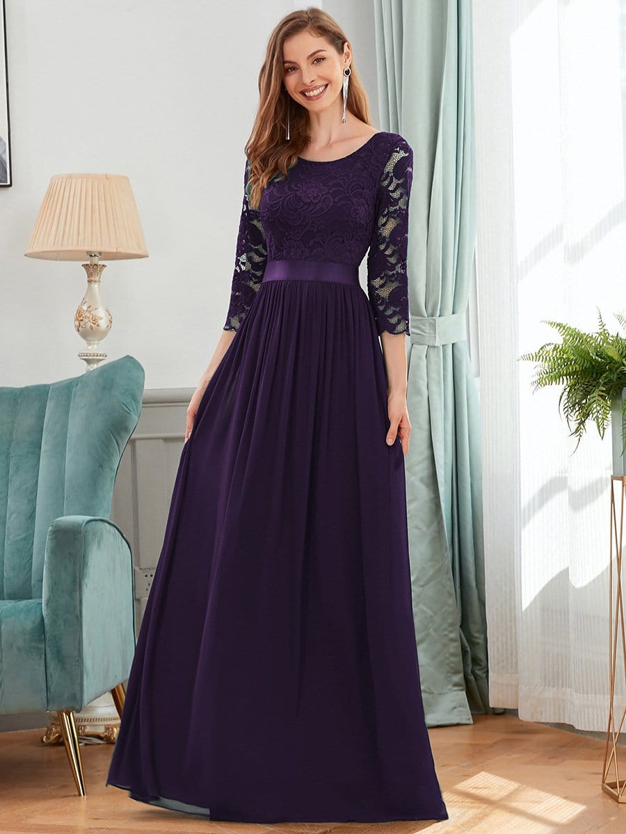 COLOR=Dark Purple | See-Through Floor Length Lace Evening Dress With Half Sleeve-Dark Purple 1