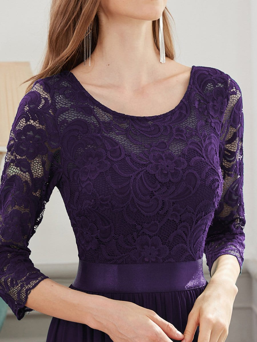 COLOR=Dark Purple | See-Through Floor Length Lace Evening Dress With Half Sleeve-Dark Purple 3