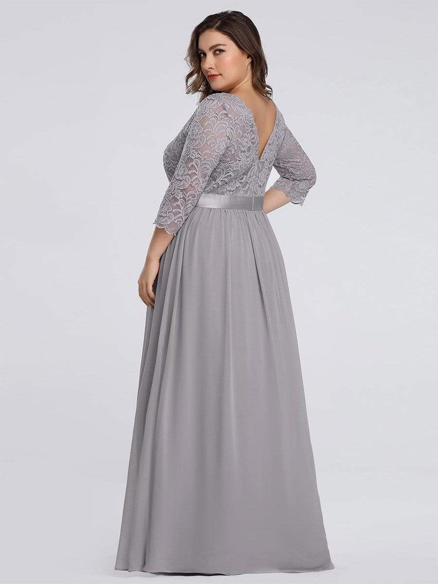 Color=Grey | Plus Size See-Through Floor Length Lace Evening Dress With Half Sleeve-Grey 2