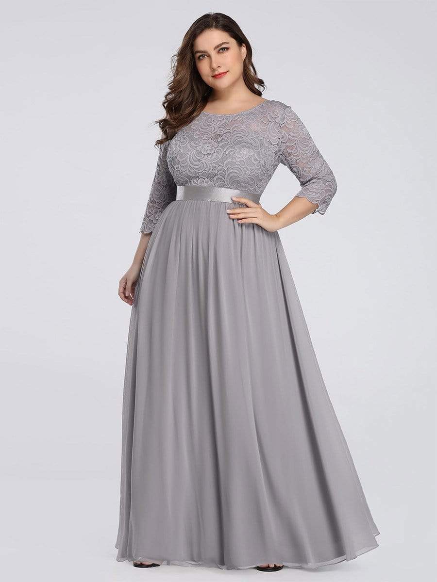 Color=Grey | Plus Size See-Through Floor Length Lace Evening Dress With Half Sleeve-Grey 3