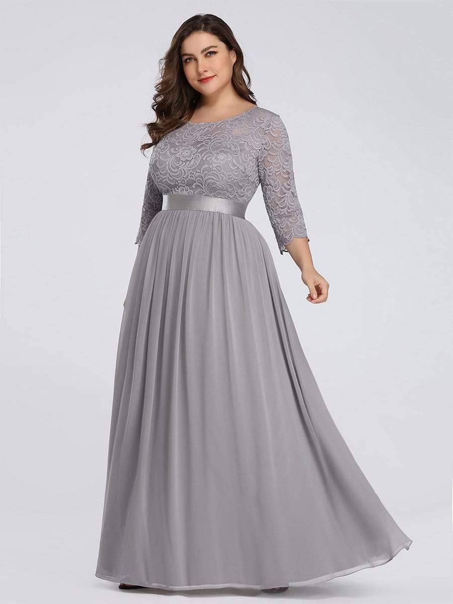 Color=Grey | Plus Size See-Through Floor Length Lace Evening Dress With Half Sleeve-Grey 4