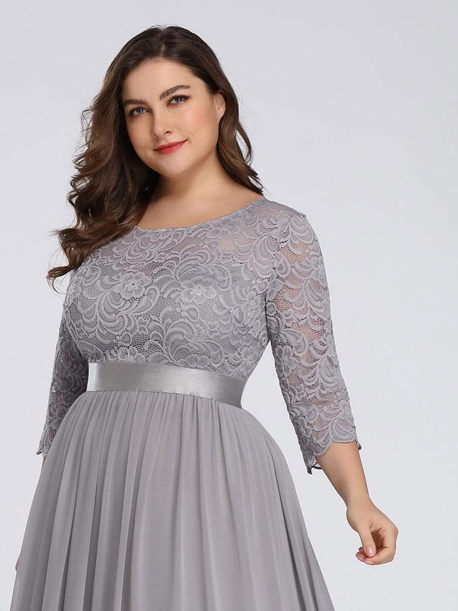 Color=Grey | Plus Size See-Through Floor Length Lace Evening Dress With Half Sleeve-Grey 5