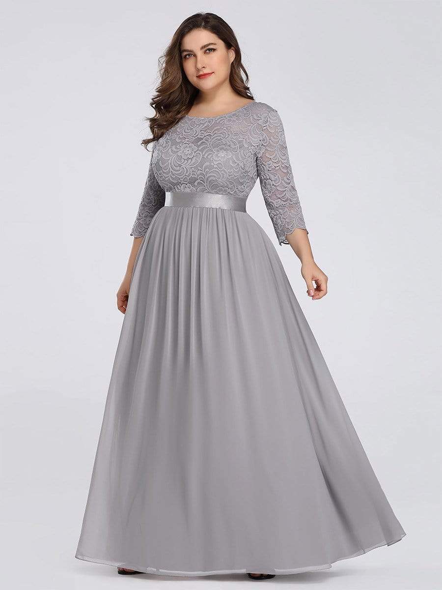 Color=Grey | Plus Size See-Through Floor Length Lace Evening Dress With Half Sleeve-Grey 1