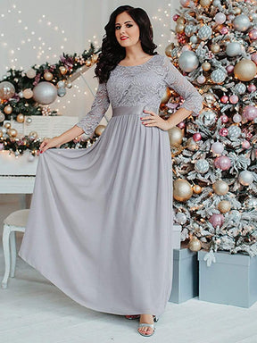 COLOR=Grey | See-Through Floor Length Lace Evening Dress With Half Sleeve-Grey 1