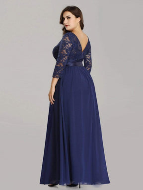 COLOR=Navy Blue | See-Through Floor Length Lace Evening Dress With Half Sleeve-Navy Blue 6