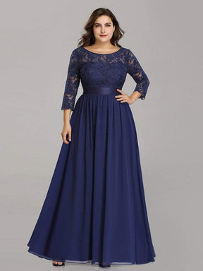 Color=Navy Blue | Plus Size See-Through Floor Length Lace Evening Dress With Half Sleeve-Navy Blue 3